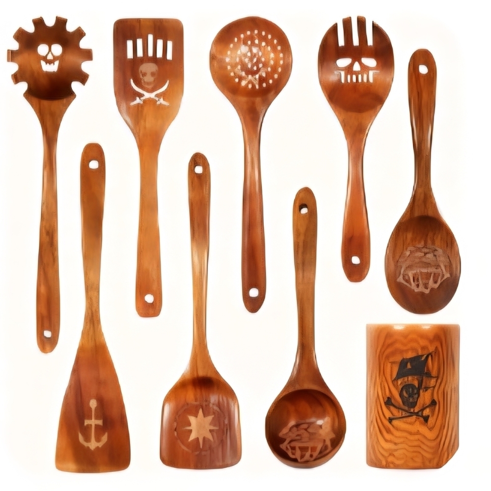 NEW IN BOX Wooden Pirate-Themed Kitchen Utensils Set